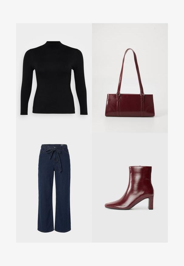 Schwarzes Langarm-Turtleneck-Oberteil aus weichem, glattem Stoff. Schmaler Schnitt mit hohem Kragen und geradem Saum, verfügt über minimale Nähte und keine Muster.; Dunkelblaue, weite Jeanshosen mit seitlichen Taschen und einem Stoffgürtel, der in einer Schleife an der Taille gebunden ist.; Bordeauxroter Leder-Stiefel mit spitzer Zehe und Blockabsatz. Glatte Textur mit schlanker Silhouette und klaren Linien.; Burgunderfarbene Handtasche aus glänzendem Material, rechteckige Form, mit zwei Schulterriemen und subtilen, geschwungenen Akzenten an der Vorderseite.