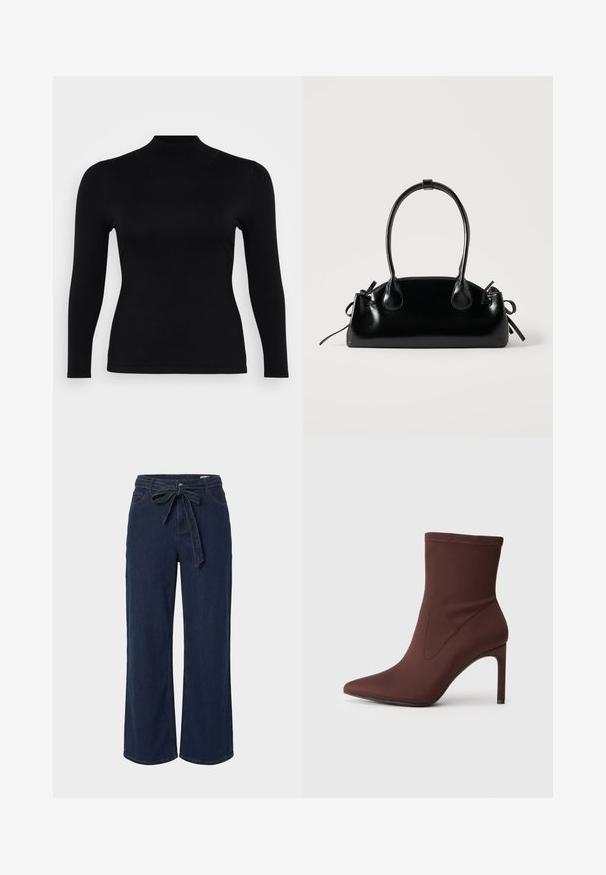 Sort langærmet turtleneck top lavet af blødt, glat stof. Slim fit med høj hals og lige kant, præget af minimale sømme og uden mønstre.; Mørkeblå denimbukser med vide ben, forlommer og et stofbælte bundet i en sløjfe i taljen.; Brun strækstof ankelstøvle med spids tå og 10 cm stilethæl. Sømdetaljer langs siderne, glat tekstur og ingen synlige lukninger.; Lille sort blank håndtaske med to lange håndtag og snøre-detaljer i siden på en ensfarvet lys baggrund.