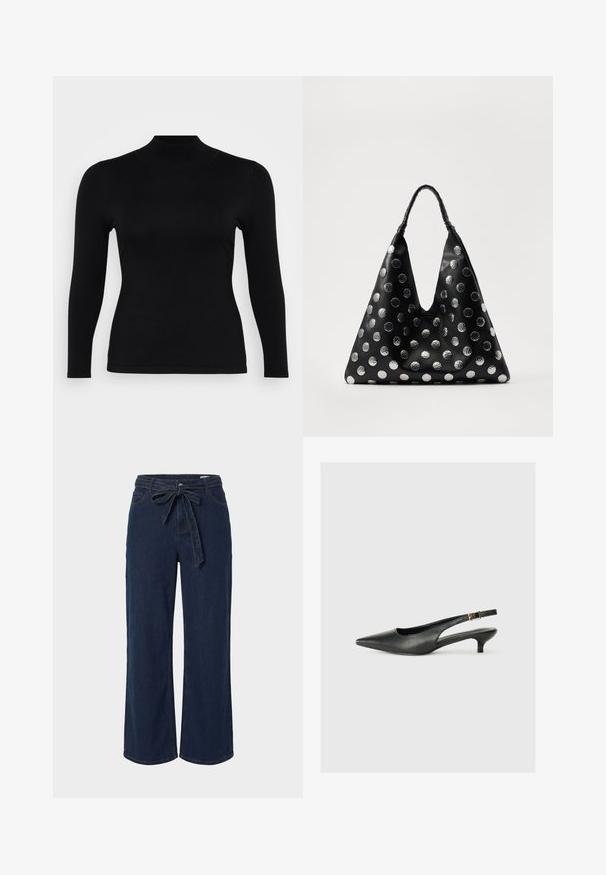 Must musta pika varrukaga turtleneck, valmistatud pehmest ja siledast kangast. Kitsas lõige, kõrge kaelaosa ja sirge äär, minimaalsete õmblustega ning ilma mustriteta.; Tumesinised laia säärega teksapüksid ees taskute ja vöökohal lipsuks seotud kangast vööga.; Must musta säärega king, mis on valmistatud siledast nahast. Omab peenikest kontsa ja reguleeritaval rihmal on pandla detail.; Mustmust kott kolmnurkse kujuga, millel on hõbedased metallilised täpid ja tekstuuriga käepide. Üldiselt sile viimistlus.