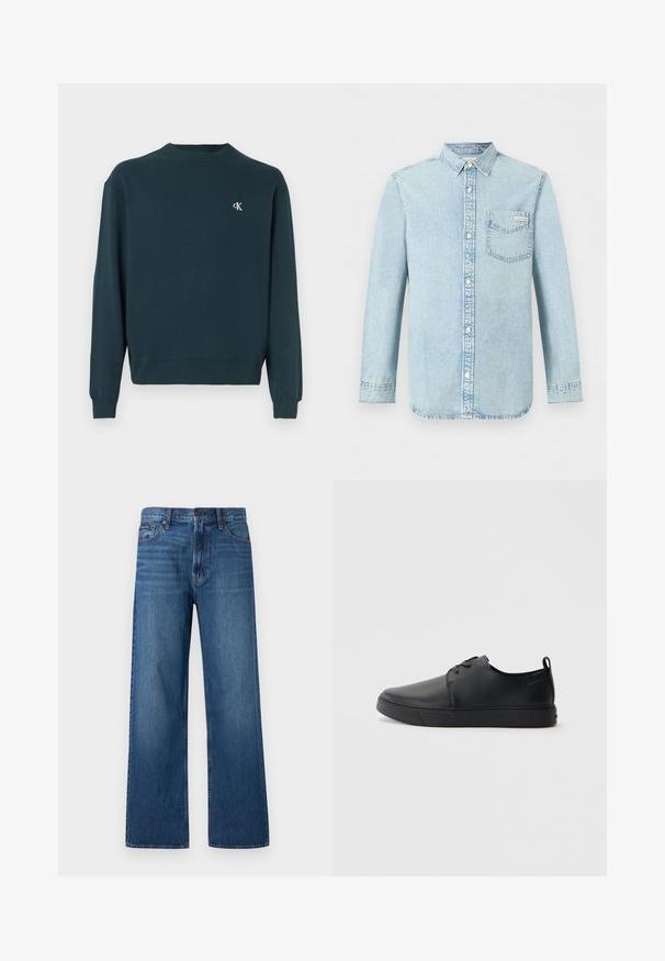 Mørkegrøn crewneck-sweatshirt lavet af bomuld med lange ærmer, ribbede manchetter og et lille hvidt logo på brystet. Glat tekstur.; Lyseblå denim-skjorte med lange ærmer, knaplukning foran, enkelt brystlomme med Calvin Klein-logo og spids krave.; Blå, højtaljede, straight-fit jeans med knapper og lynlås foran, fem lommer og en lille mærket patch på højre lomme.; Sorte lædersneakers med en glat finish, rund tå, tonalt syning, snøring foran og en flad gummisål. Løkke ved hælen.