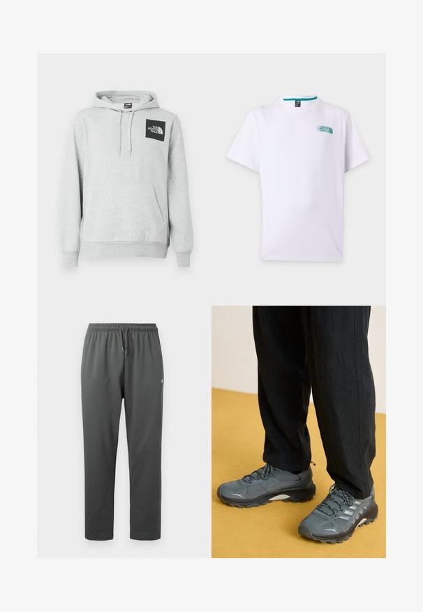 Grå hoodie lavet af en bomuldsblanding, har en kengurulomme, snøre til hætten og et sort logo-patch på brystet.; Hvid t-shirt med korte ærmer, med lille turkis The North Face-logo på venstre bryst og rund halsudskæring.; Mørkegrå fleece-sweatpants med elastisk taljebånd og snor, med en lille logo på højre lår.; Grå mesh- og syntetiske sportssko med fremtrædende såler, reflekterende accenter og snørebåndsdesign, parret med løse sorte bukser.