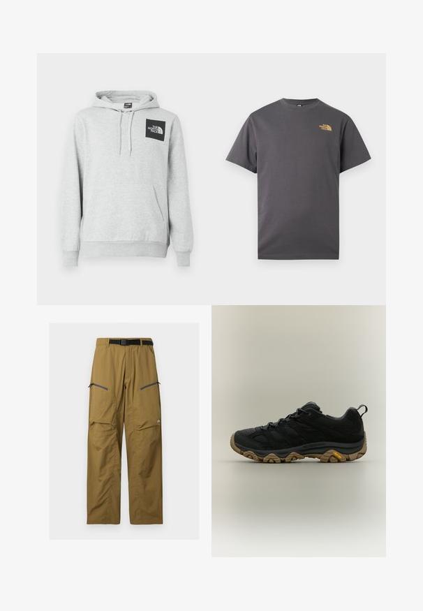 Grå hoodie lavet af en bomuldsblanding, har en kengurulomme, snøre til hætten og et sort logo-patch på brystet.; Mørkegrå T-shirt med rund halsudskæring og korte ærmer med lille gul "The North Face" logo på øverste venstre bryst.; Khaki udendørs bukser med sort justerbart bælte, to lynlåslommer på låret og knæsyninger, vist på en ensfarvet baggrund.; Sort vandresko med brun tekstureret Vibram-sål og trækflig på hælen, vist i sideprofil på neutral baggrund.