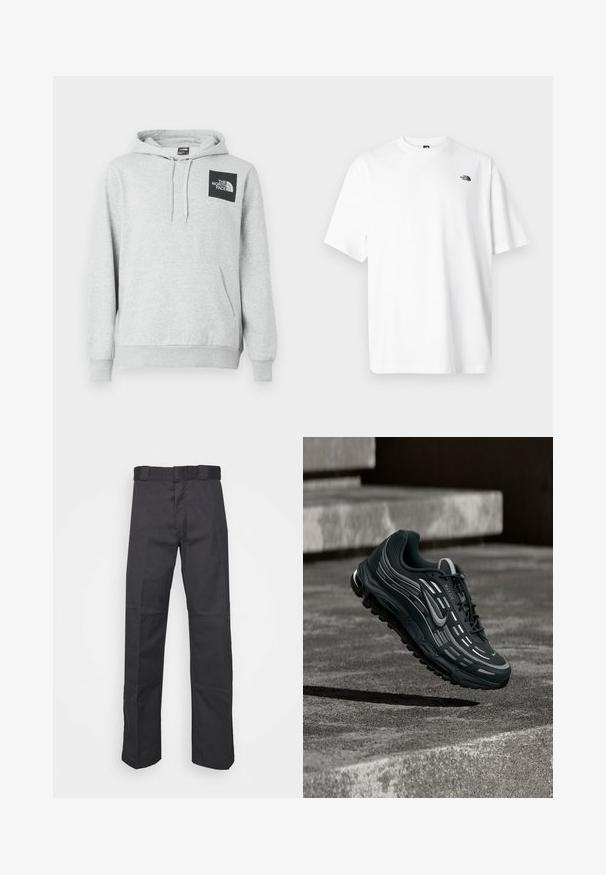 Grauem Hoodie aus Baumwollmischung, mit Kängurutasche, Kordelzugkapuze und einem schwarzen Logopatch auf der Brust.; Weißes Baumwoll-T-Shirt mit kurzen Ärmeln und V-Ausschnitt, mit einem kleinen schwarzen Logo auf der oberen linken Seite. Weiche Textur, lockere Passform.; Schwarze Hose aus strapazierfähigem Material, mit geradem Bein, einem Bund mit Gürtelschlaufen und Nähten für zusätzlichen Textur.; Schwarzer und grauer Nike Air Max Sneaker, der über graue Betonstufen mit strukturiertem Bodenhintergrund schwebt.