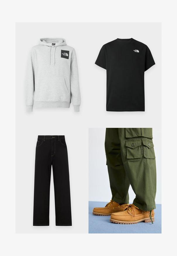 Grijze hoodie van katoenmix, met een kangoeroezak, een capuchon met trekkoord en een zwart logopatch op de borst.; Zwart t-shirt met korte mouwen gemaakt van katoen. Voorzien van een wit logo op de linkerborst. Eenvoudige snit met een ronde halslijn en minimale ontwerpdetails.; Zwarte denim broek met een recht model, voorzien van voorzakken, contrasterende gele stiksels en een knoopsluiting bij de taille.; Timberland AUTHENTIC 3 EYE - Bootschoenen - wheat