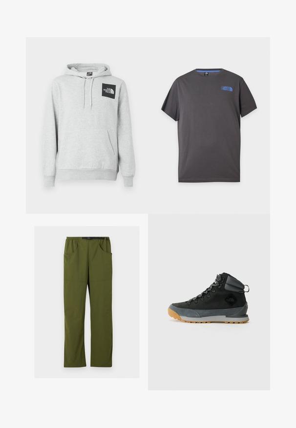 Grauem Hoodie aus Baumwollmischung, mit Kängurutasche, Kordelzugkapuze und einem schwarzen Logopatch auf der Brust.; Dunkelgraues T-Shirt mit kurzen Ärmeln und Rundhalsausschnitt mit kleinem blauem The North Face-Logo auf der oberen linken Brust vor weißem Hintergrund.; Olivgrüne gerade geschnittene Hose mit elastischem Bund und schwarzem verstellbarem Schnallen-Gürtel, Vorder- und Seitentaschen, Details in der vorderen Naht.; Schwarze hohe Wanderschuhe aus strukturiertem Wildleder und synthetischen Materialien, mit grauen Akzenten, einer robusten Gummisohle und grauen Schnürsenkeln.