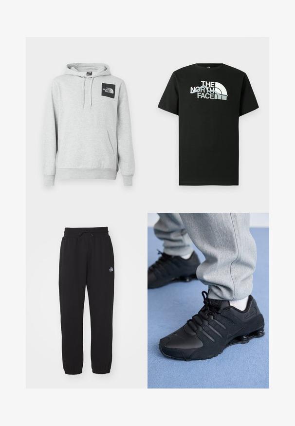Grå hoodie lavet af en bomuldsblanding, har en kengurulomme, snøre til hætten og et sort logo-patch på brystet.; Sort T-shirt lavet af bomuld med et trykt logodesign i hvid og grå, korte ærmer og rund hals.; Sorte sweatpants lavet af blødt stof, med en elastisk talje med snor, manchetter ved anklerne og et lille logo på det øverste lår.; Person iført sorte Nike Shox sneakers og grå joggingbukser, der står på lyseblåt tæppe.
