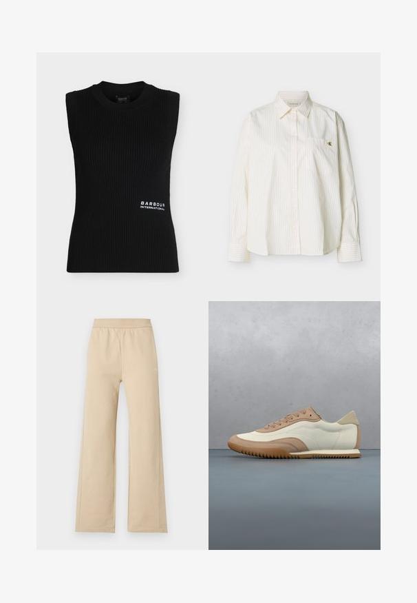 Top noir en maille côtelée sans manches avec encolure ronde et petit logo blanc "Barbour International" en bas à droite à l'avant.; Chemise blanche à manches longues avec boutons, fines rayures verticales, col pointu, poche poitrine avant et petit logo doré "cK" sur la poche.; Pantalon beige à jambes larges avec taille élastique et détails de couture minimalistes, présenté sur un fond clair uni.; Baskets crème et beige avec une tige texturée, des lacets et une semelle en caoutchouc, présentées au-dessus d'une surface en bois avec des cailloux.