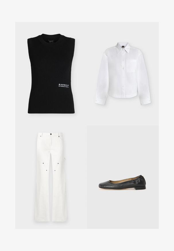 Top noir en maille côtelée sans manches avec encolure ronde et petit logo blanc "Barbour International" en bas à droite à l'avant.; Chemise blanche à manches longues boutonnée, avec col pointu et poche poitrine, présentée sur un fond clair uni.; Pantalon blanc à jambes droites avec fermeture à boutons et fermeture éclair, passants pour ceinture, et plusieurs rivets noirs sur la partie avant des cuisses.; Ballerines en cuir noir avec un bout arrondi et des coutures minimales. Talon bas et rectangulaire avec une texture lisse. Détails subtils de doublure intérieure.