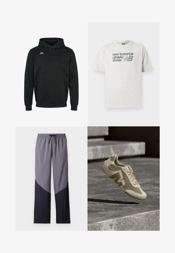 Haut à capuche noir en tissu doux, avec une poche frontale, un cordon de serrage à la capuche, des poignets côtelés et un petit logo blanc sur la poitrine.; T-shirt gris clair à manches courtes avec le texte « new balance athletic shoes » et un logo stylisé « NB » en gris foncé sur la poitrine.; Pantalon décontracté bicolore gris clair et noir avec une taille élastique et un cordon noir à l'avant.; Chaussure de sport beige avec un panneau latéral texturé, des lacets et un bout arrondi, suspendue au-dessus d'une surface en béton avec des ombres contrastées.