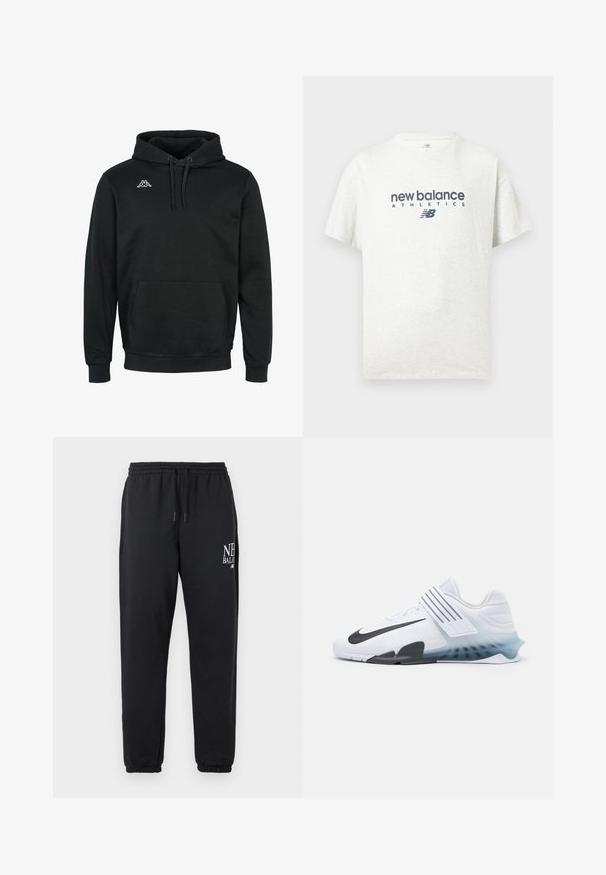 Sort hættetrøje lavet af blødt stof, med en frontlomme, snøre i hætten, ribbede manchetter og et lille hvidt logo på brystet.; Hvid kortærmet T-shirt med rund hals og trykket "new balance ATHLETICS" samt "NB"-logo i mørkeblå på midten foran.; Sorte joggingbukser med elastisk talje og manchetter, med hvid "New Balance"-logo på øvre venstre lår.; Hvide atletiske sko med sort Nike swoosh, mesh-overdel, tre sorte striber og en gradient sål fra blå til klar. Har forstærkede detaljer.