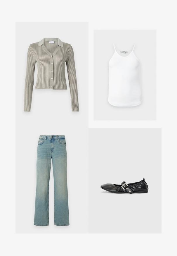Lys grå ribbede cardigan med krave, lange ærmer og fem knapper foran; tekstureret stof med lodrette striber.; Hvid ribbet ærmeløs tanktop med tynde stropper og afrundet kant, vist fladt mod en neutral baggrund.; Lyseblå denimjeans med høj talje, brede ben og klassisk fem-lomme design. Har subtil falming og knaplukning.; Sorte læder flade sko med spids tå, samling detaljer omkring åbningen, og en sølv spænde accent på den justerbare rem.