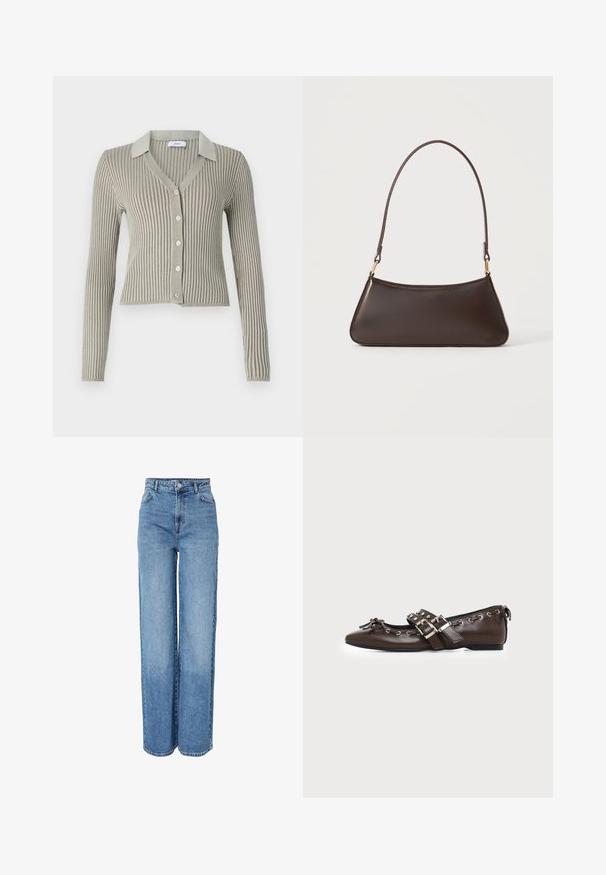 Cardigan côtelé gris clair avec col, manches longues et fermeture à cinq boutons sur le devant ; tissu texturé avec des rayures verticales.; Jean en denim bleu, taille haute, coupe droite, avec fermeture à boutons et zip à l'avant, passants pour ceinture et poches avant et arrière.; Chaussure plate en cuir marron foncé avec bout pointu, doubles brides à boucles argentées, œillets métalliques et nœud décoratif à l'avant.; Sac à main en cuir marron foncé avec une fermeture éclair incurvée en haut et une fine bandoulière avec des fermoirs dorés sur un fond uni.