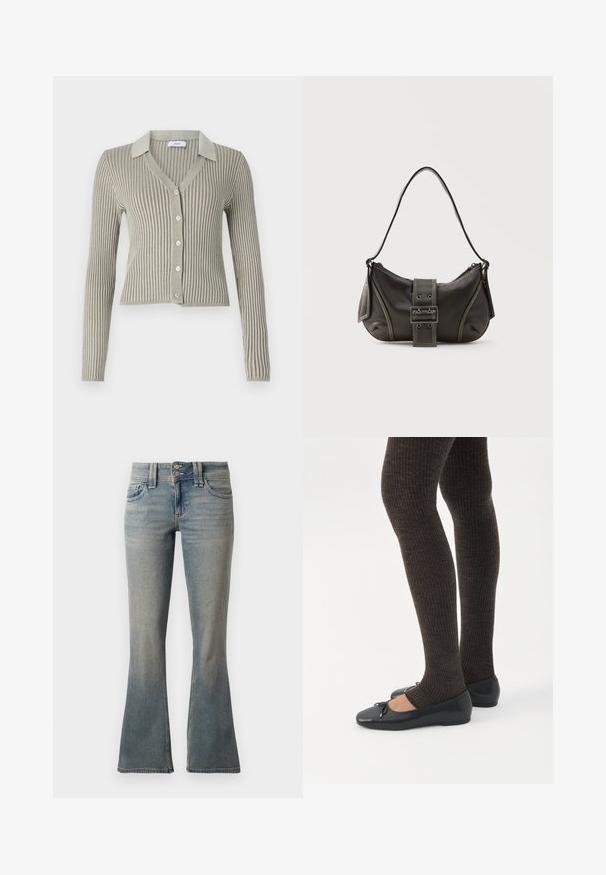 Lys grå ribbede cardigan med krave, lange ærmer og fem knapper foran; tekstureret stof med lodrette striber.; Lyseblå flagrende jeans lavet af denim. Har to forlommer, en knaplukning og subtile lysninger over stoffet.; Ben iført mørke ribbede leggings kombineret med sorte balletsko med små sløjfedetaljer på hvid baggrund.; Sort læder skuldertaske med spænde på remmen, afrundede kanter og kontrasterende hvide syninger på en ensfarvet baggrund.