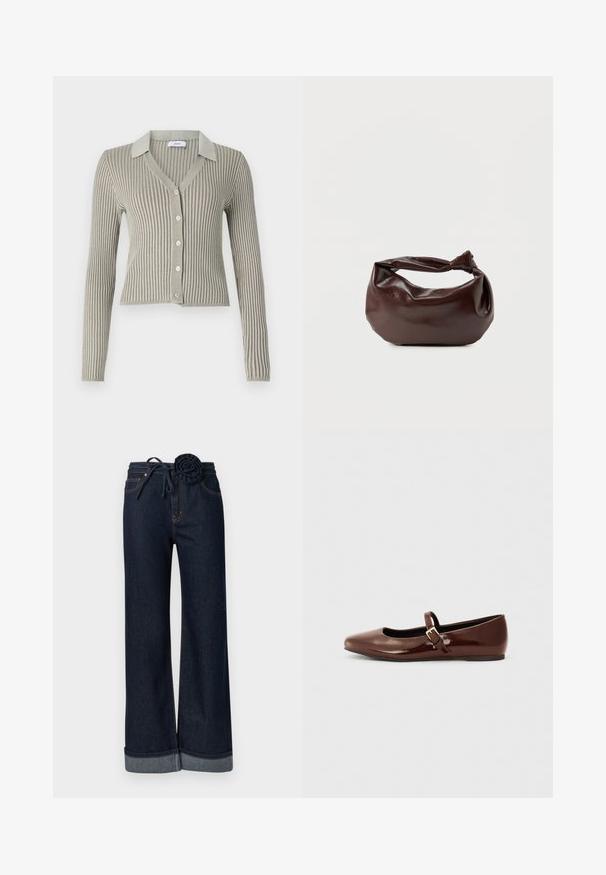 Cardigan côtelé gris clair avec col, manches longues et fermeture à cinq boutons sur le devant ; tissu texturé avec des rayures verticales.; Jean large à jambes larges bleu foncé en denim, avec une taille à cordon de serrage ornée d'un accent en forme de rose et un ourlet plié.; Ballerine en cuir verni marron avec un bout carré et une lanière ornée d'une petite boucle dorée. Texture lisse, talon bas et design minimaliste.; Sac bandoulière en cuir marron foncé avec une forme souple et décontractée et une anse nouée torsadée sur un fond blanc uni.
