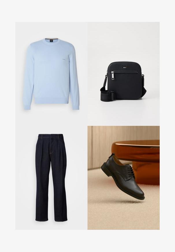 Pull en tricot bleu clair à manches longues, col rond et poignets côtelés. Dispose d'un logo "BOSS" brodé sur la poitrine.; Jean en denim large à jambes bleues foncées avec des plis devant et des coutures orange, présenté sur fond blanc.; Chaussure habillée pour homme en cuir noir à lacets flottant au-dessus d'un tapis beige, avec une table basse ronde marron en arrière-plan.; Sac bandoulière en cuir noir avec une texture lisse, doté d'une poche zippée à l'avant, d'une sangle réglable et d'un design carré élégant.