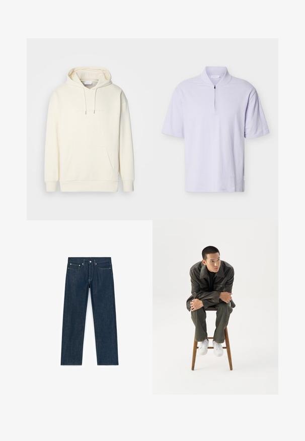 Heller Hoodie in Cremefarbe aus weichem Stoff. Verfügt über eine zentrale Kängurutasche, eine Kapuze mit Kordelzug und ein dezentes Branding auf der Brust.; Hellviolettes kurzärmeliges Hemd mit geripptem Kragen und einem halbhohen Reißverschluss in der vorderen Mitte.; Dunkelblaue Jeans aus Denim mit geradem Bein. Merkmale sind Vordertaschen, Metallbeschläge und kontrastierende Nähte.; Junger Mann in dunkler Lederjacke und Jeans sitzt auf einem Holzstuhl, lehnt sich mit verschränkten Armen nach vorne und schaut seitlich vor weißem Hintergrund.