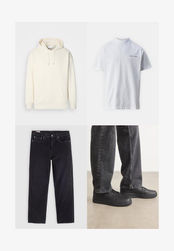 Sudadera con capucha de color crema hecha de tela suave. Cuenta con un bolsillo canguro central, capucha con cordón y una sutil marca en el pecho.; Camisa de algodón blanca con un cuello alto y mangas cortas. Presenta el logo "SAMSØE SAMSØE" en negro en la parte delantera. Textura suave.; Vaqueros de mezclilla negros con un diseño de pierna recta, que cuentan con un estilo de cinco bolsillos, detalles de botones de metal y una textura sutil.; Zapatillas de cuero negro con cordones planos, textura suave, perforaciones sutiles y detalle de logo, combinadas con jeans de denim oscuro.