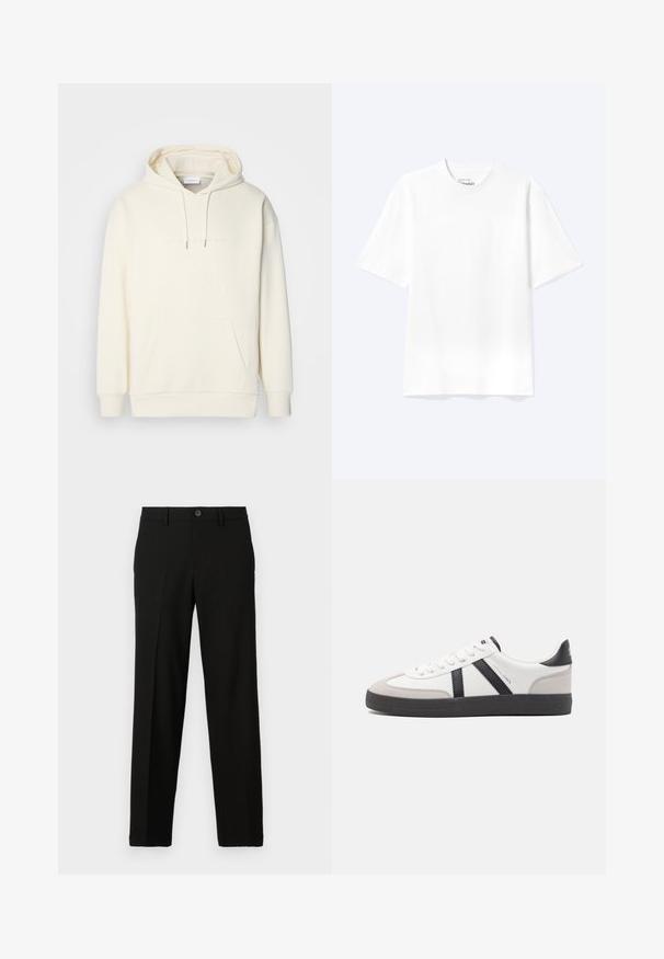 Sudadera con capucha de color crema hecha de tela suave. Cuenta con un bolsillo canguro central, capucha con cordón y una sutil marca en el pecho.; Camiseta lisa blanca de manga corta y cuello redondo con un corte relajado, mostrada sobre un fondo claro.; Pantalones negros de tejido suave, con un corte recto, cierre de botón en la cintura y sin patrones ni detalles visibles.; Zapatilla blanca con acentos en negro y gris, que presenta una puntera texturizada en gris, suela de goma negra y cordones planos blancos. Diseño limpio, estilo minimalista.