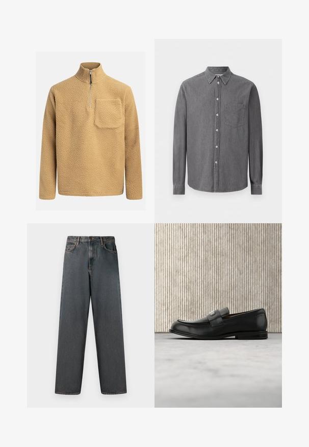 Pull en polaire beige avec un col montant, fermeture éclair sur le devant et une poche poitrine. Tissu texturé avec un aspect doux et confortable.; Chemise à manches longues grise à boutons, en tissu doux, avec un col classique, une poche poitrine et une fermeture à boutons standard.; Jean en denim gris foncé avec une coupe droite, cinq poches et une fermeture à bouton et zip. Le tissu présente un léger dégradé et des coutures.; Mocassin en cuir noir avec une plaque de marque en métal reposant près d'une table ronde marron sur un sol recouvert de moquette beige.