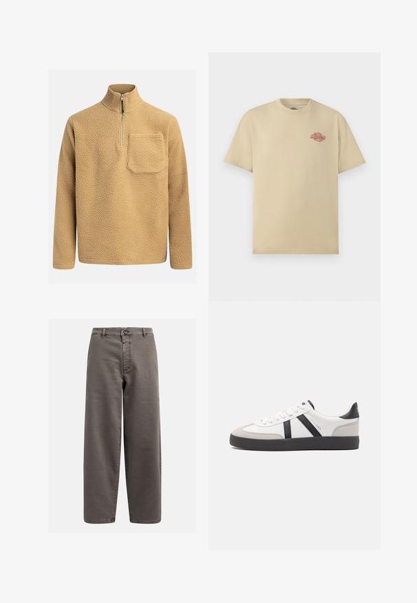Pull en polaire beige avec un col montant, fermeture éclair sur le devant et une poche poitrine. Tissu texturé avec un aspect doux et confortable.; T-shirt beige à manches courtes avec col rond, petit logo rouge "Dickies" sur la poitrine gauche.; Pantalons larges gris en mélange de coton ; avec fermeture à bouton, passants de ceinture et poches avant ; texture lisse et durable.; Baskets blanches avec des accents noirs et gris, présentant un embout texturé gris, une semelle en caoutchouc noir et des lacets plats blancs. Design épuré, style minimaliste.