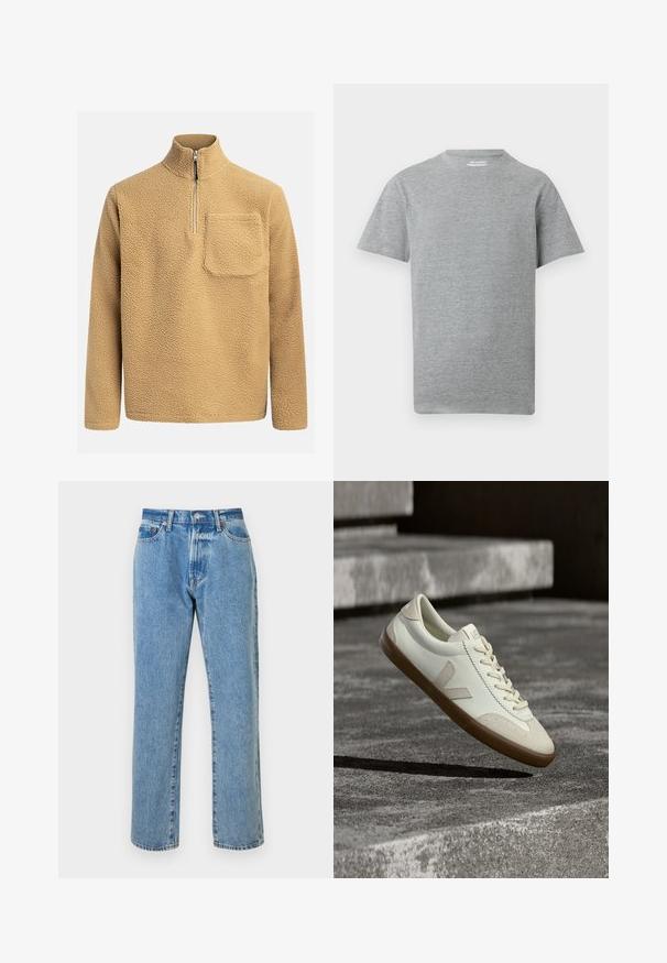 Pull en polaire beige avec un col montant, fermeture éclair sur le devant et une poche poitrine. Tissu texturé avec un aspect doux et confortable.; T-shirt gris uni à manches courtes et col rond avec une petite étiquette blanche "ONLY & SONS" à l'intérieur du col.; Jeans en denim bleu clair avec une coupe droite, comprenant cinq poches, une fermeture éclair et des accents en métal cuivré. Détails usés tout au long.; Baskets en cuir blanc avec semelle en caoutchouc beige, lacets plats et accent en forme de V sur le côté. Présentent une surface lisse et peu de détails de couture.