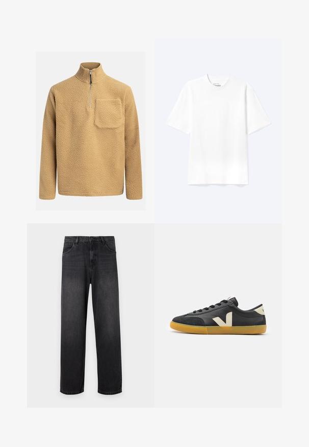 Pull en polaire beige avec un col montant, fermeture éclair sur le devant et une poche poitrine. Tissu texturé avec un aspect doux et confortable.; T-shirt blanc uni à manches courtes et col rond avec une coupe décontractée, présenté sur un fond clair.; Jeans en denim gris foncé avec un design à jambe droite, dotés d'une fermeture éclair, de cinq poches et de légères décolorations sur le tissu.; Baskets noires avec une tige en cuir lisse, logo "V" blanc et accents, design à lacets et semelle en caoutchouc couleur gomme. Style basse, design minimaliste.