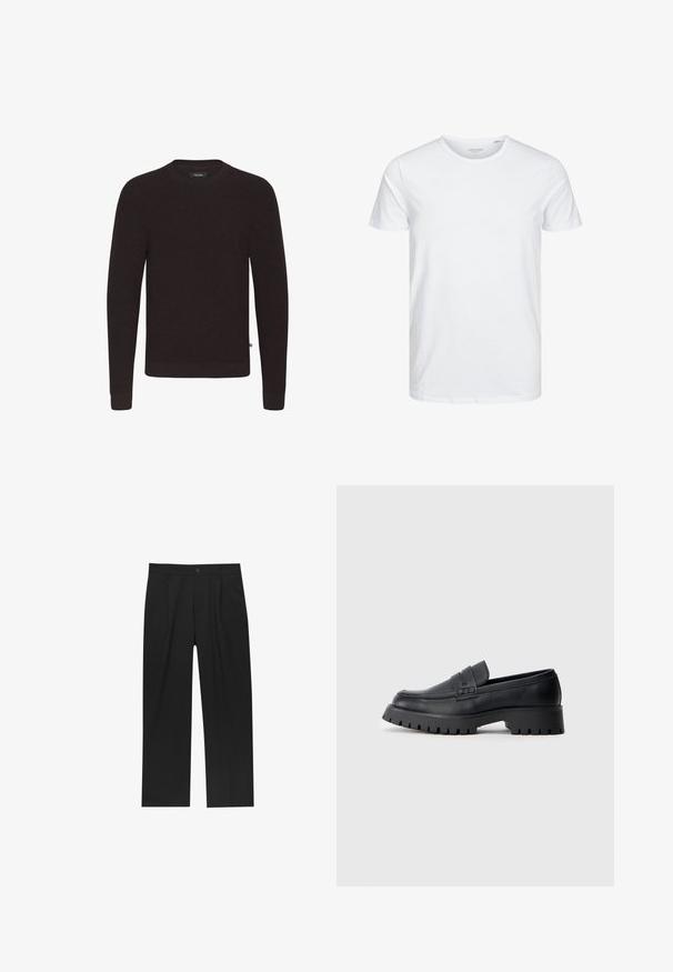 Mørkebrun pullover sweater med rund hals, ribbet tekstur og lange ærmer; har et lille mærke på siden.; Rundhals kortærmet t-shirt i ensfarvet hvid, lavet af blød bomuld, har et simpelt design uden synlige mønstre eller detaljer.; Sorte bukser med lige ben, lavet af et glat stof. Har frontfolder og en enkelt knaplukning i taljen.; Sorte læder loafers med en rund tå, prydet med en dekorativ rem og en kraftig gummisål med dybe riller for grip.