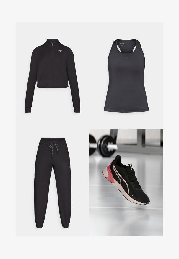 Sort cropped sweatshirt med høj krave og kvart lynlås. Har lange ærmer og et logo på brystet. Glat stofstruktur.; Sort atletik tanktop med racerback-design, lavet af glat, strækbart stof med få sømme og logo på forsiden.; Sorte joggebukser lavet af blødt, strækbart materiale, med en snor i taljen, sidelommer og tætsiddende manchetter ved anklerne.; Sort og pink Puma løbesko svævende over et reflekterende fitnessgulv, med slørede håndvægte i baggrunden.