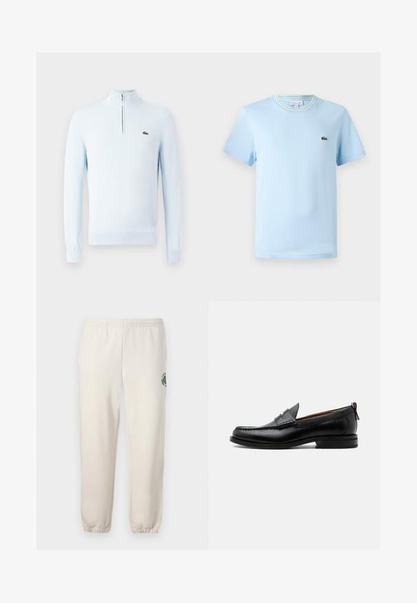 Suéter de punto de manga larga en azul claro con cuello de media cremallera y pequeño logo de cocodrilo verde en el lado izquierdo del pecho.; Camiseta de algodón azul claro con mangas cortas, cuello redondo con un ribete de rayas verdes y blancas, y un pequeño logo bordado en el pecho.; Pantalones de chándal de color beige claro, hechos de algodón, con una cinturilla elástica, puños acanalados y un logo verde con diseño de hoja en la pierna izquierda.; Mocasín de hombre de piel negra con costura moc toe, tira penny, cuello texturizado y tacón bajo apilado sobre fondo blanco.