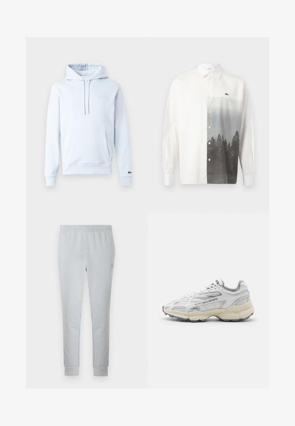 Sweat à capuche bleu clair en tissu doux, doté d'une poche kangourou, de cordons de serrage réglables et d'un logo embossé sur la poitrine.; Chemise blanche à manches longues avec boutons, ornée d'un paysage forestier en niveaux de gris imprimé sur le côté droit avant et d'un petit logo de crocodile vert.; Pantalon de survêtement gris clair en tissu doux, doté d'une taille élastique, de jambes fuselées et d'un petit écusson logo sur le côté.; Baskets de sport blanches avec des accents gris, tige en maille et synthétique, design à lacets et semelle en caoutchouc texturée avec motifs de traction.
