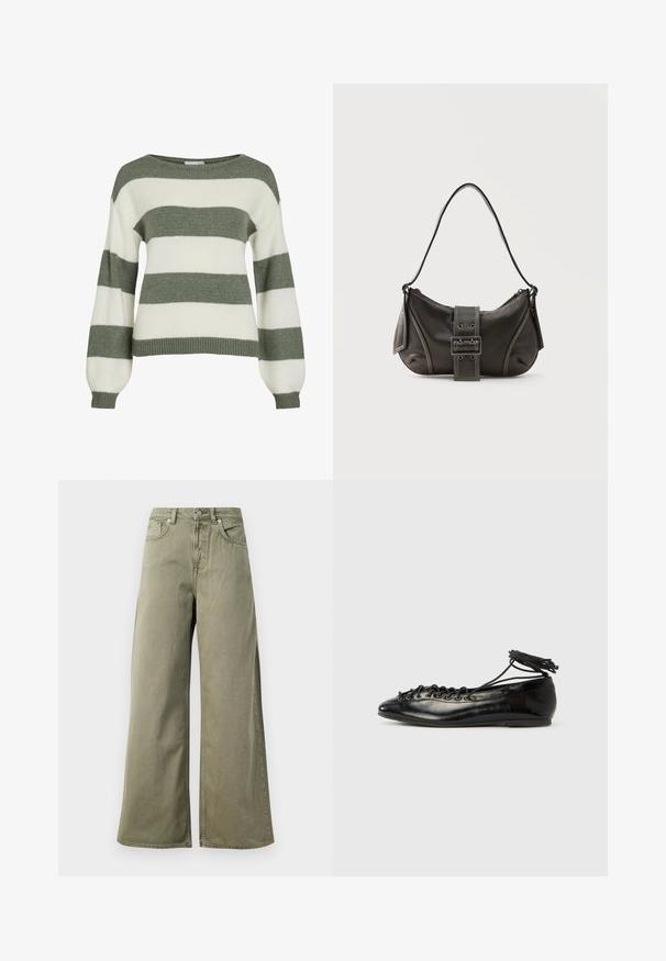 Pull rayé vert et blanc, avec une coupe décontractée, des manches larges et des bords côtelés. Fabriqué en matière tricotée douce et texturée.; Jeans taille haute, vert olive, à jambes larges avec bouton avant, fermeture éclair et design à cinq poches sur fond blanc.; Ballerines en cuir verni noir avec un bout rond, un design à lacets et une semelle plate. Texture lisse avec peu de détails.; Sac à épaule en cuir noir avec une sangle à boucle, des bords arrondis et des coutures blanches contrastées sur un fond uni.