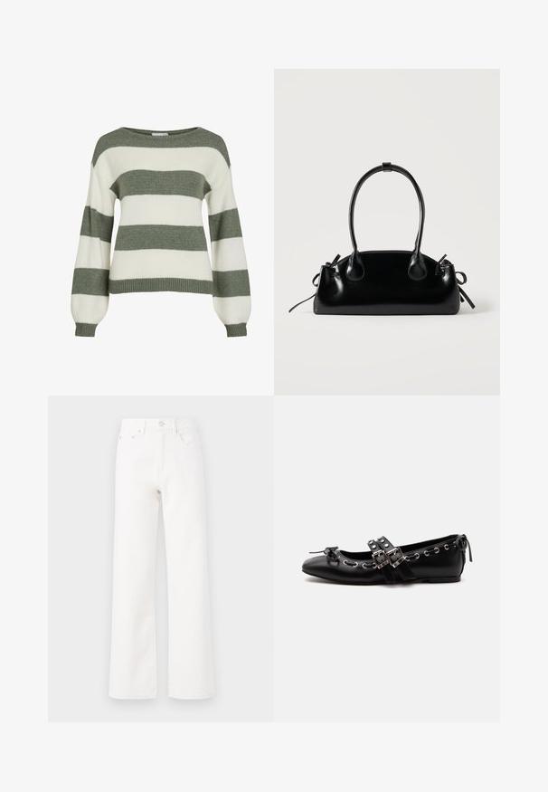 Grøn- og hvidstribet sweater med en afslappet pasform, brede ærmer og ribstrikkede manchetter. Lavet af blødt, tekstureret strikmateriale.; Hvide denimjeans, højtaljede, design med brede ben, klassisk fem-lomme stil, foran knap- og lynlåslukning, glat tekstur uden synlige mønstre.; Sort flad balletsko med dobbelt spænde, sølvøjer og en lille sløjfe nær den runde tå på en hvid baggrund.; Lille sort blank håndtaske med to lange håndtag og snøre-detaljer i siden på en ensfarvet lys baggrund.