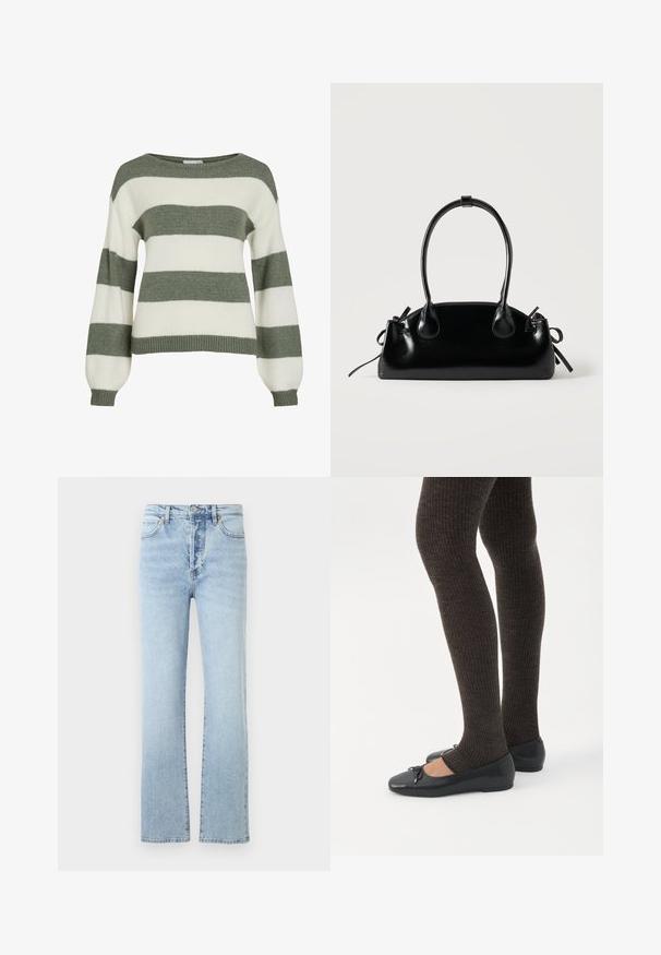 Grøn- og hvidstribet sweater med en afslappet pasform, brede ærmer og ribstrikkede manchetter. Lavet af blødt, tekstureret strikmateriale.; Lys blå denim jeans med lige ben-design, featuring høj talje, klassisk fem-pockets stil, og subtil falmning.; Ben iført mørke ribbede leggings kombineret med sorte balletsko med små sløjfedetaljer på hvid baggrund.; Lille sort blank håndtaske med to lange håndtag og snøre-detaljer i siden på en ensfarvet lys baggrund.