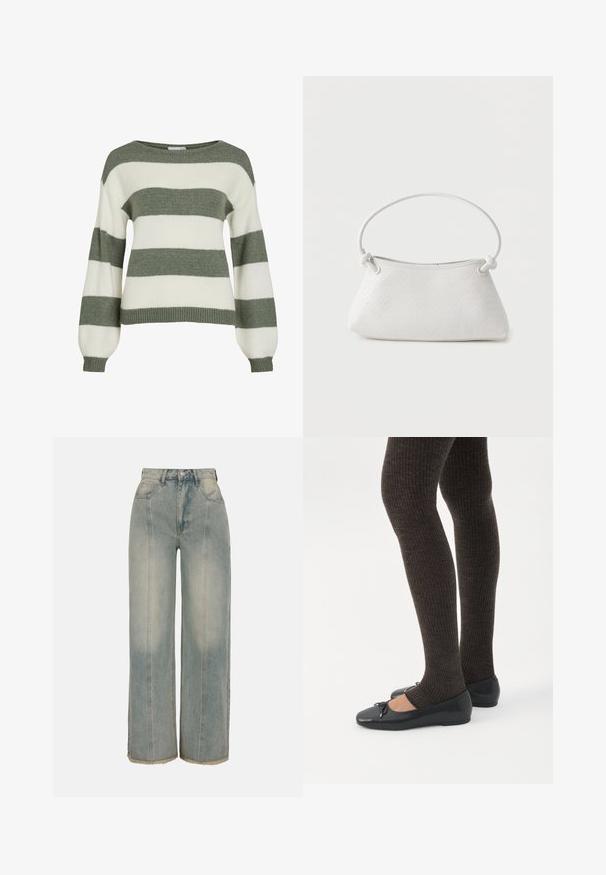 Grøn- og hvidstribet sweater med en afslappet pasform, brede ærmer og ribstrikkede manchetter. Lavet af blødt, tekstureret strikmateriale.; Højtaljede, falmede grå viddeben jeans med forstykker foran, bæltestropper, knaplukning og frynsede kanter.; Ben iført mørke ribbede leggings kombineret med sorte balletsko med små sløjfedetaljer på hvid baggrund.; Hvid fletlæderhåndtaske med afrundet håndtag og ender på remmen, der er knyttet, vist mod en ensfarvet baggrund.
