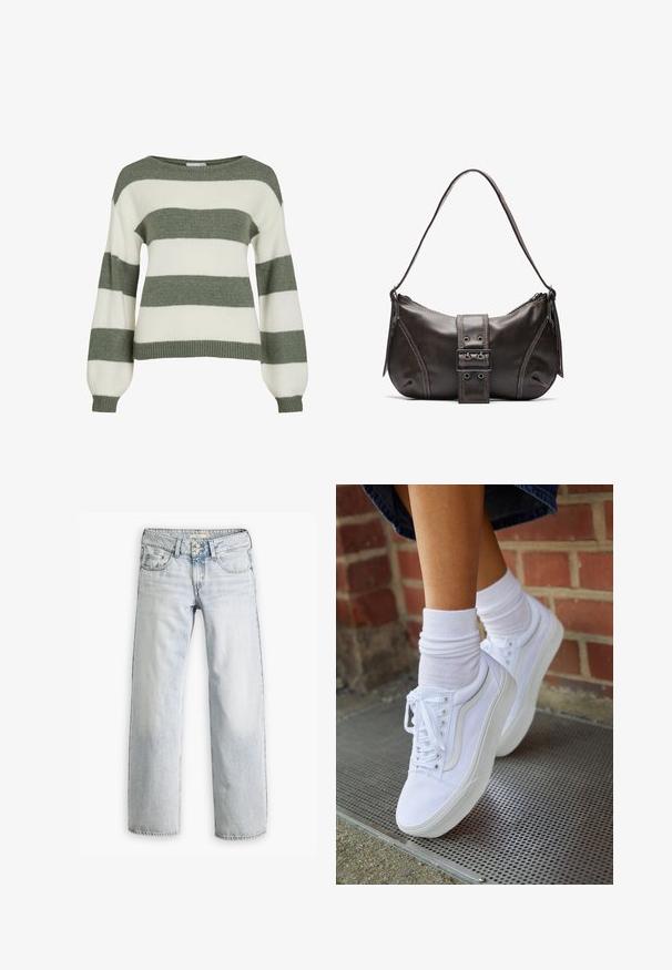 Grøn- og hvidstribet sweater med en afslappet pasform, brede ærmer og ribstrikkede manchetter. Lavet af blødt, tekstureret strikmateriale.; Lyseblå denimjeans med en afslappet pasform, høj talje og fem-lomme design. Har syning detaljer og knaplukning.; Hvide lærreds sneakers med gummisåler, der har seks snørehuller, rund tå og let sømdetaljer, krydret med hvide ankelstrømper.; Brun læder skuldertaske med en buet form, der har et fremtrædende spænde, kontrasterende syninger og en enkelt skulderrem.