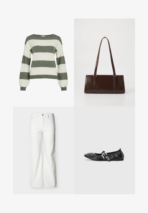 Grøn- og hvidstribet sweater med en afslappet pasform, brede ærmer og ribstrikkede manchetter. Lavet af blødt, tekstureret strikmateriale.; Hvide jeans med høj talje og lige ben, med forreste knap, lynlåslukning samt sidelommer og baglommer, mod en ensartet lys baggrund.; Sorte læder flade sko med spids tå, samling detaljer omkring åbningen, og en sølv spænde accent på den justerbare rem.; Brun lakeret håndtaske med rektangulær form, to lange håndtag og subtile buede detaljer på fronten.
