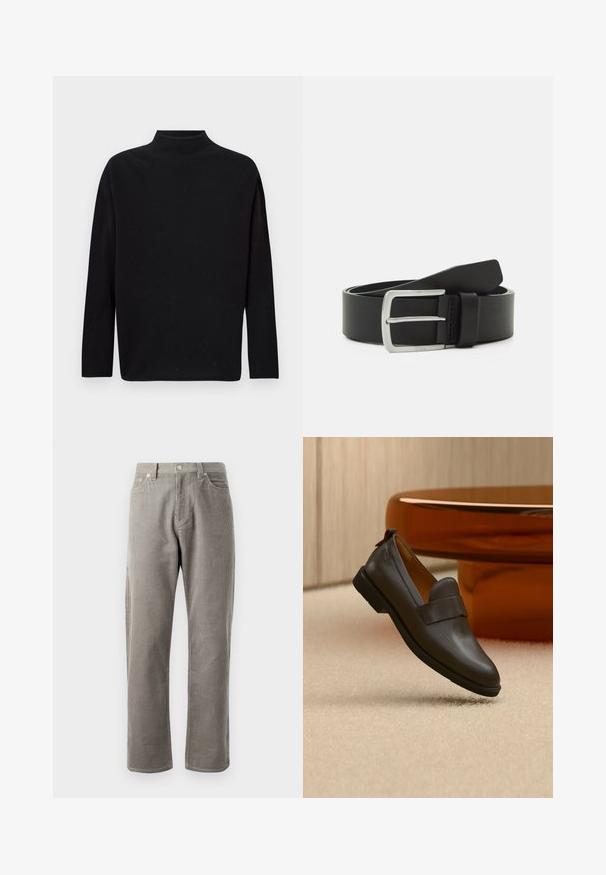 Sort turtleneck sweater, lavet af blødt strikket materiale, med lange ærmer, afslappet pasform og høj halsudskæring. Ingen synlige mønstre eller hardware.; Grå kordfløjlsbukser med lige ben, der har en høj talje, forlommer og en subtil lodret ribbet tekstur.; Mørkebrun læderloafer med lav hæl svævende over beige tæppe, ved siden af et blankt, afrundet bord i ravfarve.; Sort læderbælte med en glat overflade, sølvfarvet metalspænde og en enkelt løkke til justering. Har et rent, klassisk design.