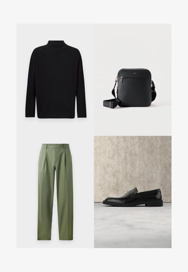 Suéter negro de cuello alto, hecho de un suave material de punto, con mangas largas, corte holgado y un escote alto. Sin patrones ni herrajes visibles.; Pantalones a medida en tejido verde olivo con una textura suave, que cuentan con dos pliegues frontales, trabillas para el cinturón y un diseño de pierna recta.; Zapato loafer de cuero negro pulido flotando sobre una alfombra beige con muebles translúcidos naranjas de fondo.; Bolso bandolera de cuero negro con bolsillo delantero con cremallera y correa ajustable sobre un fondo blanco liso.