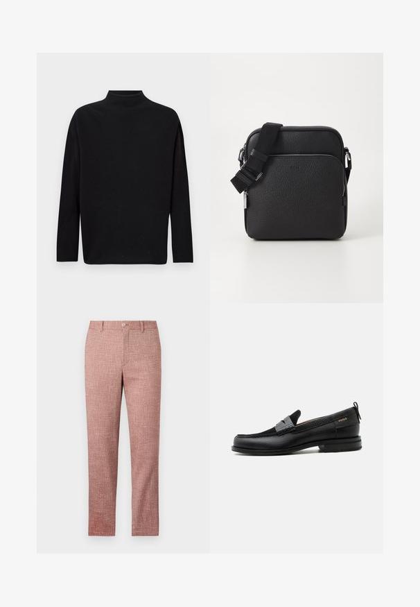 Sort turtleneck sweater, lavet af blødt strikket materiale, med lange ærmer, afslappet pasform og høj halsudskæring. Ingen synlige mønstre eller hardware.; Røde strukturerede bukser med lige ben-design, forlommer og knaplukning. Stoffet har et vævet mønster for ekstra detalje.; Sort læderloafer med grå remdetalje, lav hæl og tekstureret sål, mærket med "HUGO" i guld på siden.; Sorth læder crossover taske med en tekstureret overflade, der har en frontlomme med lynlås, justerbar strop og metal hardware detaljer.