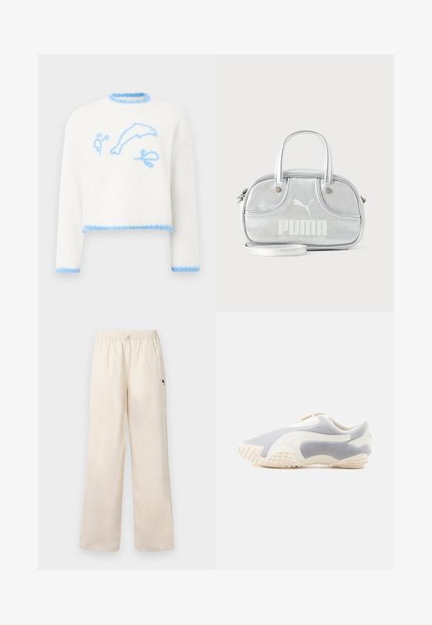 Pull en tricot blanc avec finitions bleu clair, présentant un dauphin bleu clair et des formes abstraites brodées sur le devant.; Pantalons larges beige clair avec une taille élastique et un cordon de serrage. Dotés d'un petit logo noir sur le côté. Texture lisse.; Baskets en daim gris clair avec des accents en cuir blanc. Dotées d'une semelle texturée avec de petites pointes pour une meilleure adhérence. Conception à enfiler.; Petit sac à main Puma argent métallisé avec deux poignées supérieures, une longue bandoulière, logo sur le devant et fermeture zippée sur fond uni clair.