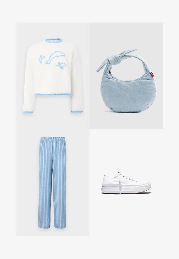 Pull en tricot blanc avec finitions bleu clair, présentant un dauphin bleu clair et des formes abstraites brodées sur le devant.; Pantalon rayé bleu clair avec une taille élastique, fabriqué en tissu doux, présentant des rayures verticales blanches et une coupe décontractée.; Baskets basses blanches en toile avec semelle plateforme épaisse, lacets sur le devant et embout en caoutchouc texturé, vues de profil.; Sac à bandoulière en denim bleu clair avec un détail noué sur la poignée et une petite étiquette rouge Levi's sur le côté.