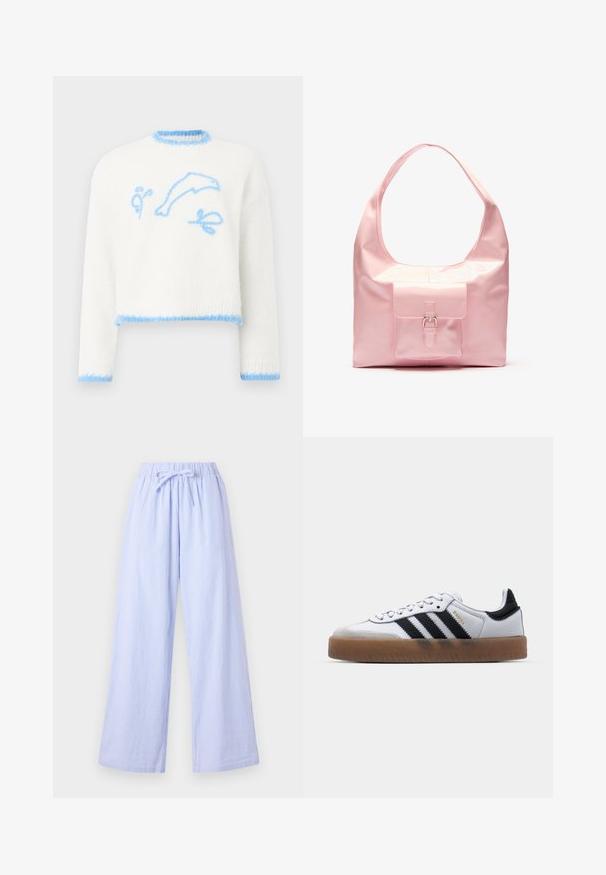 Suéter de punto blanco con ribete azul claro, que presenta un delfín azul claro y formas abstractas bordadas en el frente.; Pantalones anchos a rayas de color azul claro con una cintura elástica y un lazo ajustable. Presenta una tela suave con rayas verticales para dar textura.; Zapatillas de cuero blancas con rayas negras, suela de goma, puntera redonda, cierre de cordones y caperuza de ante gris suave.; Bolso de mano rosa con un acabado brillante, gran correa para el hombro, bolsillo delantero con un detalle decorativo de hebilla. Textura suave, diseño minimalista.