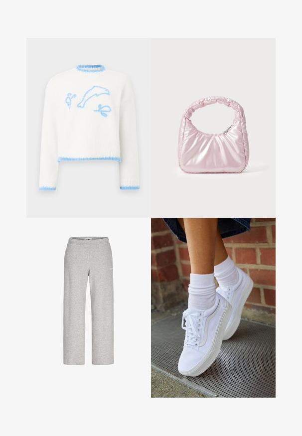 Weißer Strickpullover mit hellblauen Akzenten, auf der Vorderseite mit einem hellblauen Delphin und abstrakten Formen bestickt.; Hellgraue Sweatpants mit geradem Bein, elastischem Bund und kleinem weißen Logo am oberen Oberschenkel.; Weiße Leinensneaker mit Gummisohlen, ausgestattet mit sechs Ösen, runder Zehenpartie und dezenten Nähten, kombiniert mit weißen Knöchelsocken.; Rosa, gepolsterte Handtasche mit abgerundeter Form, aus glänzendem Material gefertigt. Verfügt über einen gerafften Griff und einen Reißverschluss für sicheren Zugang.