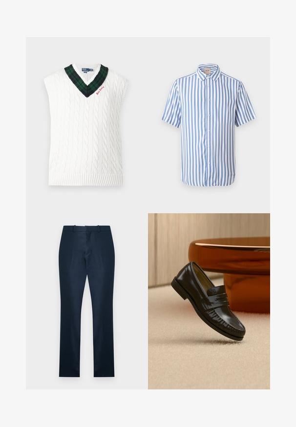 Gilet sans manches en maille torsadée blanche avec col en V à carreaux verts et noirs et petite broderie rouge "Polo Tennis".; Chemise à manches courtes boutonnée avec des rayures verticales bleues et blanches et un col pointu, présentée sur un fond clair uni.; Pantalon de costume bleu marine à coupe droite avec passants pour ceinture et fermeture éclair sur le devant, présenté sur un fond blanc uni.; Mocassin en cuir noir brillant avec un détail de bride, posé sur un tapis beige près d'une table basse ronde en bois brun dans une pièce doucement éclairée.