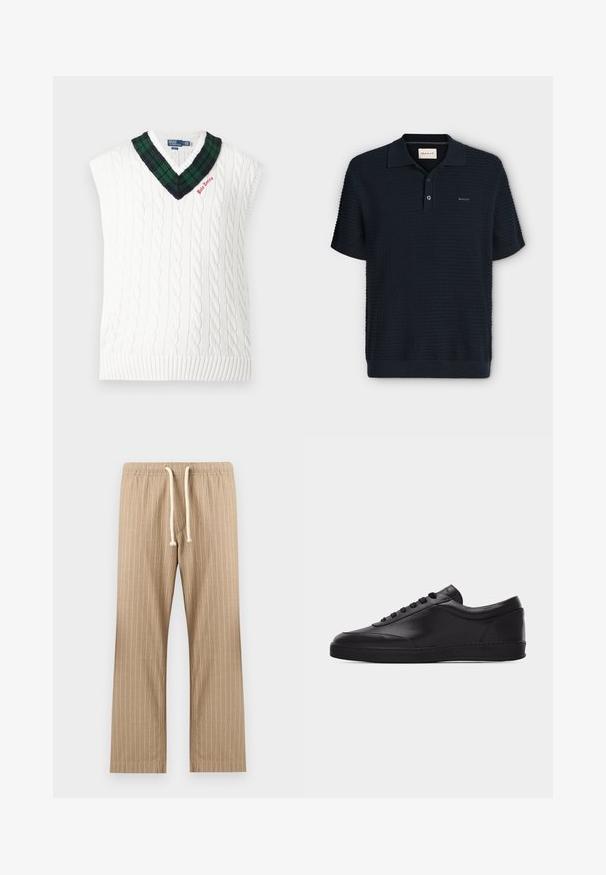 Gilet sans manches en maille torsadée blanche avec col en V à carreaux verts et noirs et petite broderie rouge "Polo Tennis".; Polo bleu marine à manches courtes en tissu texturé, patte à deux boutons et petit logo GANT sur la poitrine gauche.; Pantalon léger beige à rayures verticales, taille élastique avec cordon blanc, coupe droite.; Baskets basses en cuir noir avec lacets sur le devant et semelle en caoutchouc plate, vues de côté sur un fond blanc uni.