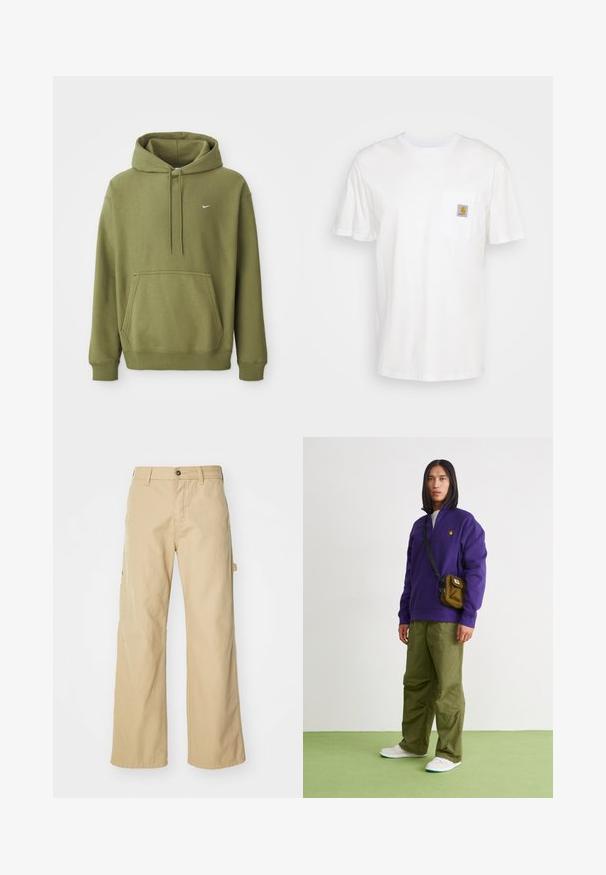 Sudadera verde oliva con bolsillo frontal, capucha ajustable con cordón, puños y dobladillo acanalados, y pequeño logo de Nike en blanco en el pecho.; Camiseta de algodón blanca con mangas cortas, un bolsillo en el pecho y un pequeño parche cuadrado de logo en naranja y blanco en el bolsillo.; Pantalones cargo de pierna ancha en color beige con cierre de botón, que cuentan con bolsillos laterales, fabricados en resistente tejido de algodón, con textura suave y diseño de corte recto.; Jordan AIR JORDAN 1 ZM CMFT 2 - Zapatillas altas - summit white/bicoastal/oxidized green