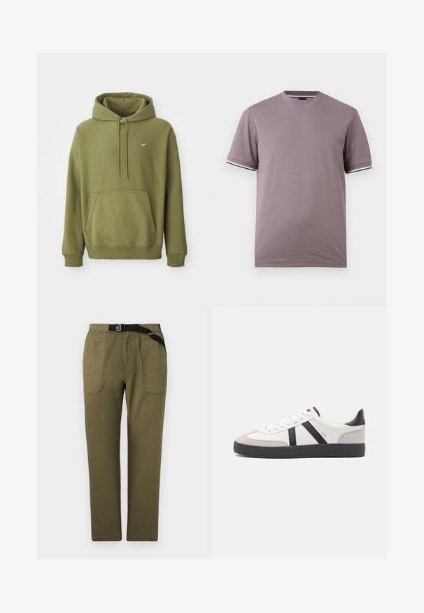 Oliivivihreä huppari, jossa on etu-tasku, säädettävä naruhuppu, ribatut hihansuut ja helma, sekä pieni valkoinen Nike-swoosh rinnassa.; Lyhythihainen, hillityn violetti pyöreäkauluksinen t-paita, jossa on kontrastiväriset raidalliset reunukset hihansuissa ja pääntiellä.; Oliivinvihreät suoralahkeiset housut, joissa on suuret etutaskut ja integroitu musta säädettävä vyö vyötäröllä.; Valkoiset lenkkarit mustilla ja harmailla yksityiskohdilla, joissa on teksturoitu harmaa kärki, musta kumipohja ja litteät valkoiset nauhat. Siisti muotoilu, minimalistinen tyyli.
