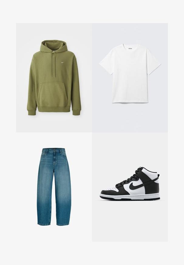 Oliivivihreä huppari, jossa on etu-tasku, säädettävä naruhuppu, ribatut hihansuut ja helma, sekä pieni valkoinen Nike-swoosh rinnassa.; Valkoinen lyhythihainen pyöreäkauluksinen t-paita tasaisena, yksinkertainen malli, jossa "WEEKDAY"-etiketti kauluksessa vaalealla taustalla.; Siniset farkut leveillä lahkeilla, edessä nappi- ja vetoketjukiinnitys, vyölenkit ja sivutaskut, hieman haalistuneita reisistä.; Mustavalkoinen korkeavartinen lenkkari, jossa on nahkainen päällinen, reikäkärkikuvio, merkittävä swoosh-logo ja teksturoitu kumipohja.