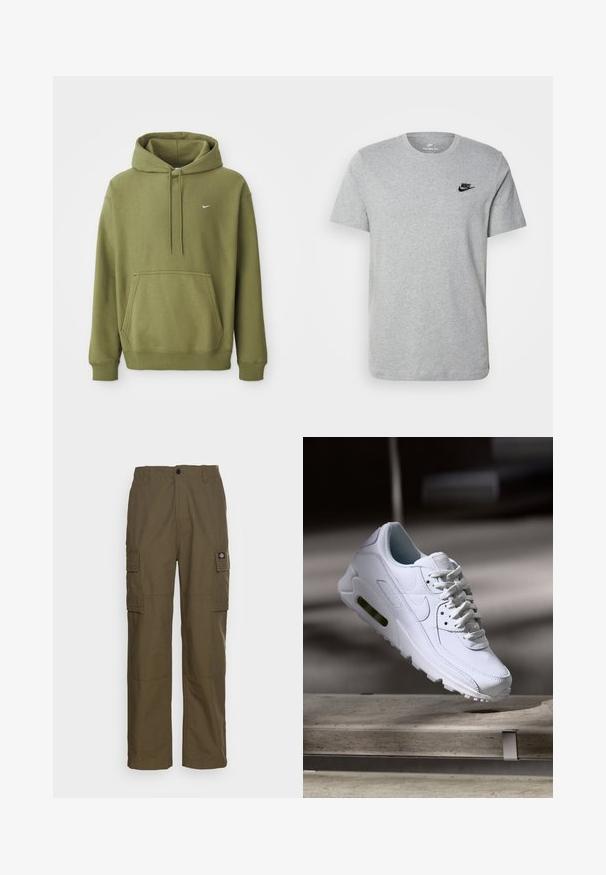 Olivovo zelená mikina s kapucňou, predné vrecko, nastaviteľná kapucňa so šnúrkou, pružné manžety, spodný lem a malý biely Nike swoosh na hrudi.; Sivý krátky rukáv T-shirt vyrobený z bavlny, s čiernym logom Nike na hrudi a okrúhlym výstrihom. Minimalistický dizajn bez vzorov.; Cargo nohavice v olivovo zelenej farbe, vyrobené z odolného materiálu. Majú dve bočné vrecká, štandardný pás a rovný strih nohavíc.; Biele kožené tenisky s textúrovanými povrchmi, polstrovaným golierom a viditeľným vzduchovým odpružením v podrážke. Majú šnúrky a minimalistický dizajn.