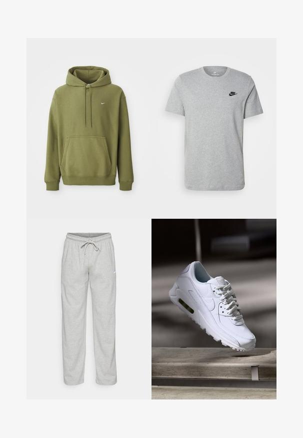 Sudadera verde oliva con bolsillo frontal, capucha ajustable con cordón, puños y dobladillo acanalados, y pequeño logo de Nike en blanco en el pecho.; Camiseta de manga corta gris de algodón, con un logo negro de Nike en el pecho y un cuello redondo. Diseño minimalista sin patrones.; Pantalones de chándal gris claro hechos de una tela suave. Cuentan con una cintura elástica con cordón y el logo de Nike en negro en el muslo izquierdo.; Zapatilla blanca de piel con superficies texturizadas, cuello acolchado y amortiguación de aire visible en la suela. Presenta cordones y un diseño minimalista.